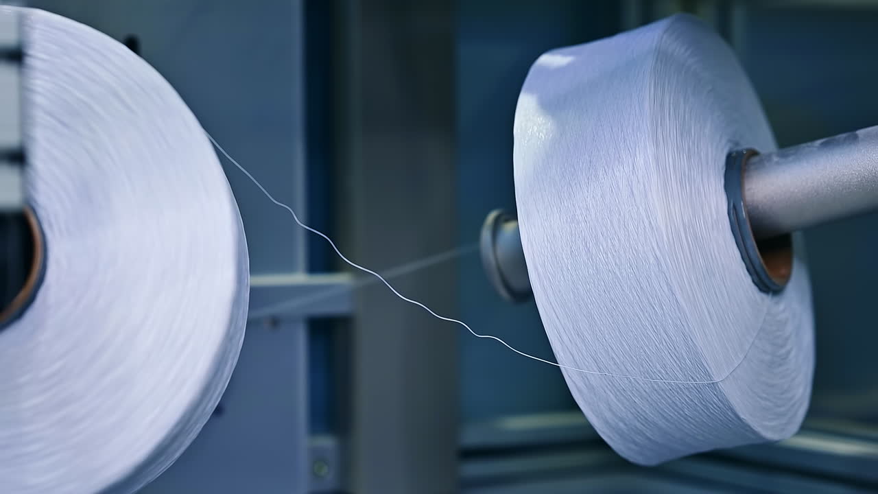 Big bobbins of white thread being unwind. Heavy reels of white yarn at the diaper producing plant. Close up.