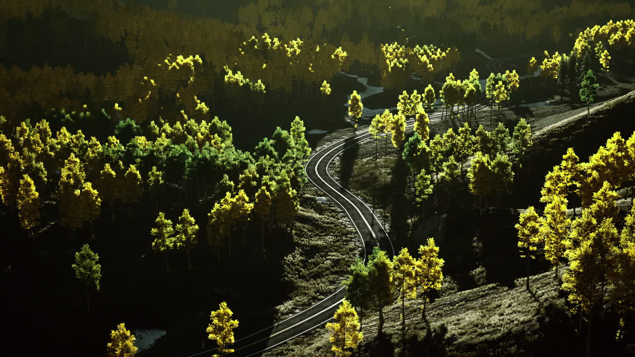 Winding road through vibrant autumn forest in golden hour light