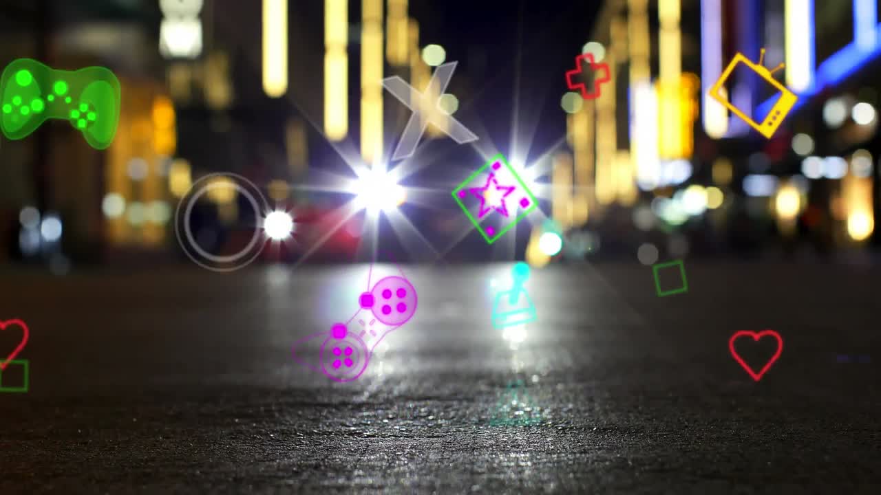 도시 거리와 자동차 위의 미디어 아이콘의 애니메이션