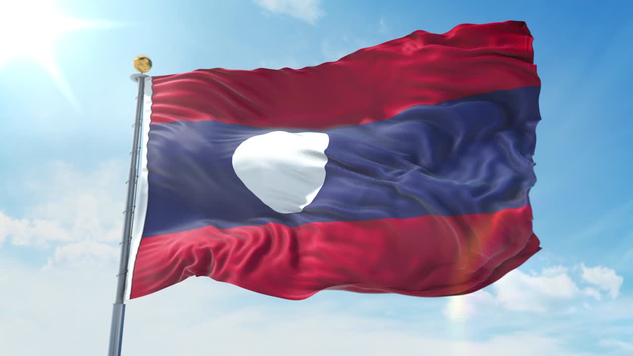 깊은 파란 하늘을 배경으로 바람에 흔들리는 라오스 발, 국가 테마, 국제 개념, 3d 렌더링, 시엄리스 루프, 4k