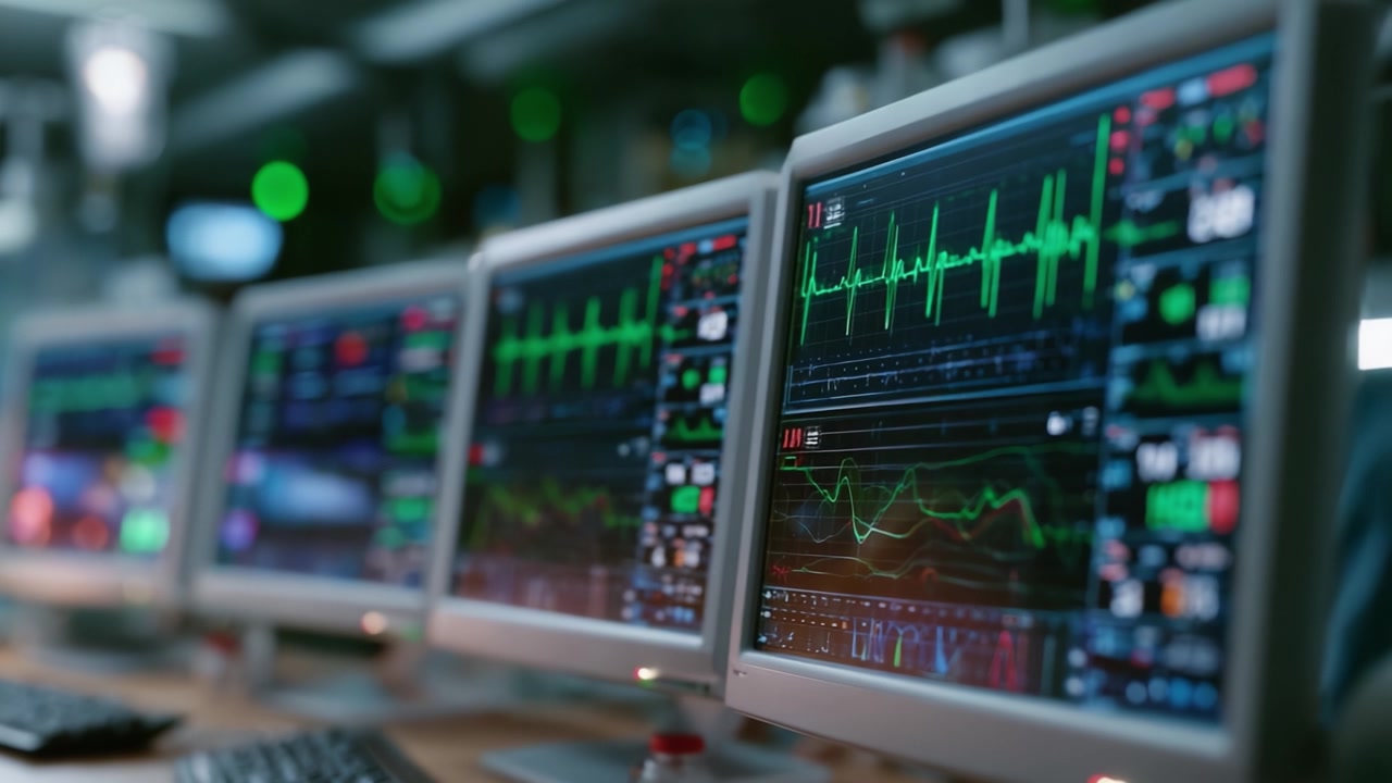 Advanced Medical Monitoring: Analyzing Live Patient Data Through High-Tech Displays in a Critical Care Environment