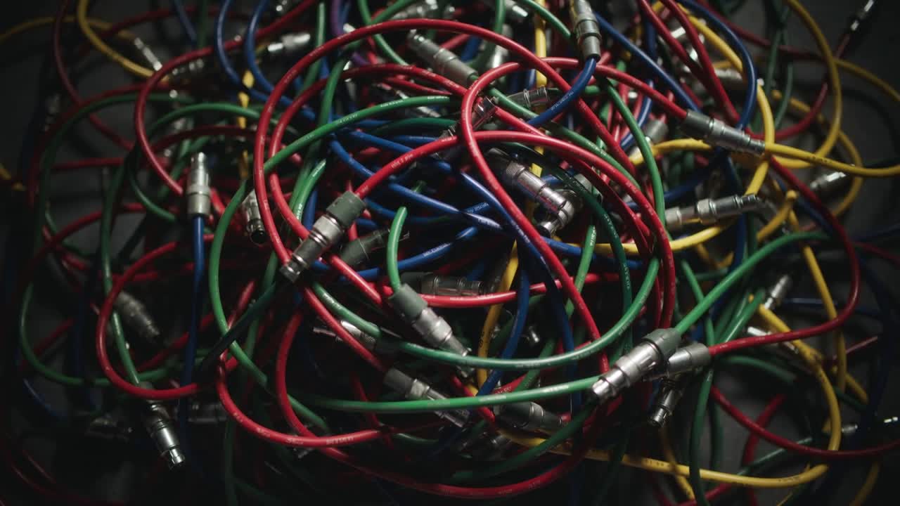 Pulling camera back at shot start, revealing colored cable tangle in dark tray, metal plugs