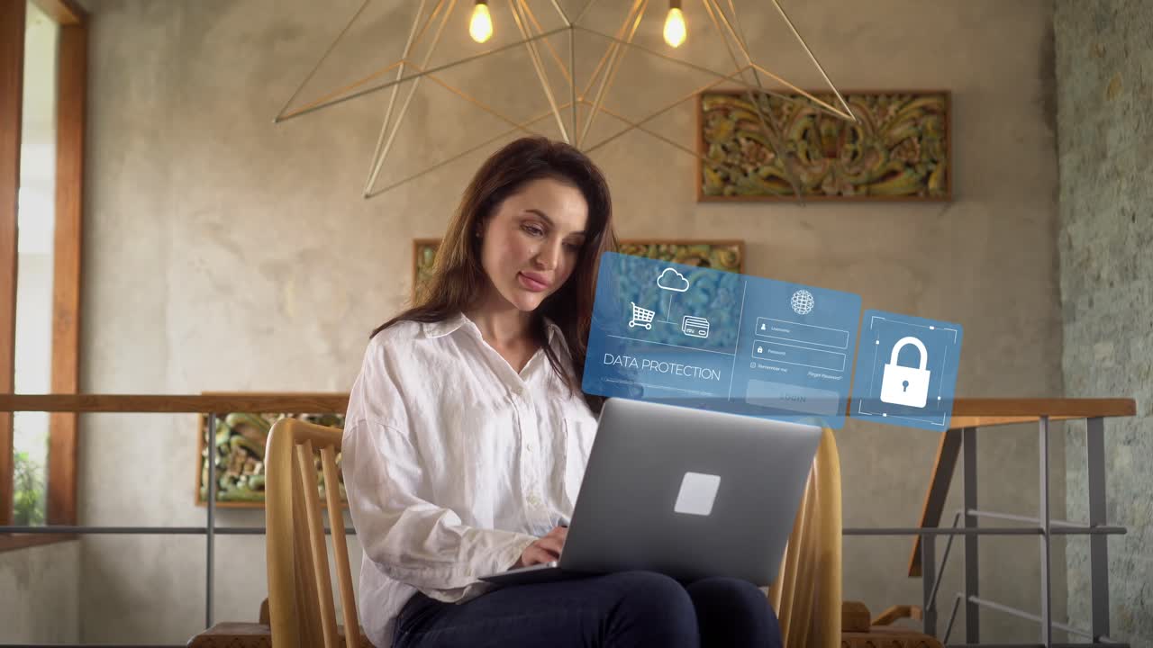 hermosa empleada que trabaja desde casa y hace pagos en línea con billetera digital y inicio de sesión seguro, protección de datos de seguridad, vpn, seguridad cibernética de internet, protección contra delitos cibernéticos