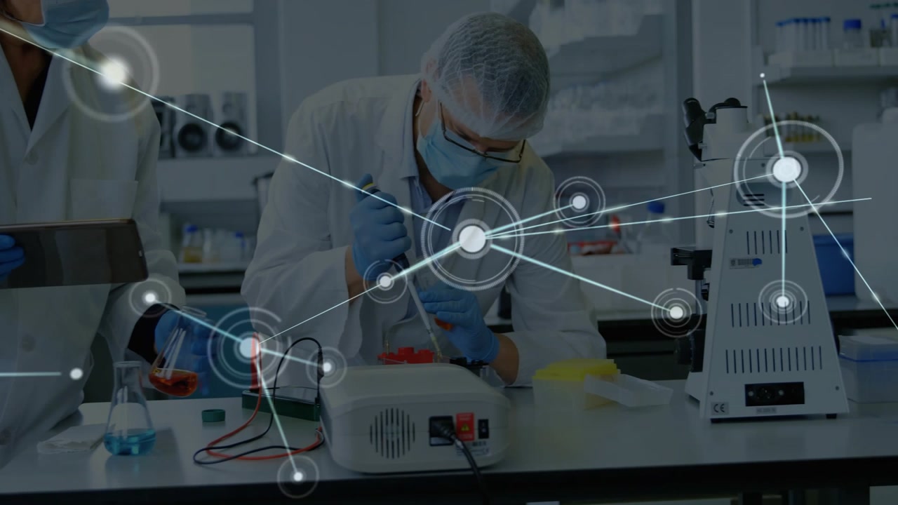 Male lab tech pipetting red sample for tests, initiating network overlay expanding over bench staff