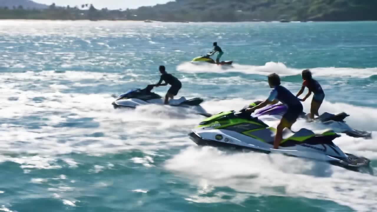 People enjoying jet skis in the ocean