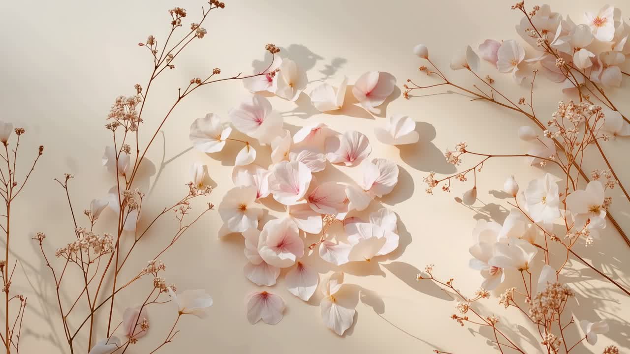 Shifting light guiding pale pink petals clustering on cream surface, with dried sprigs flanking