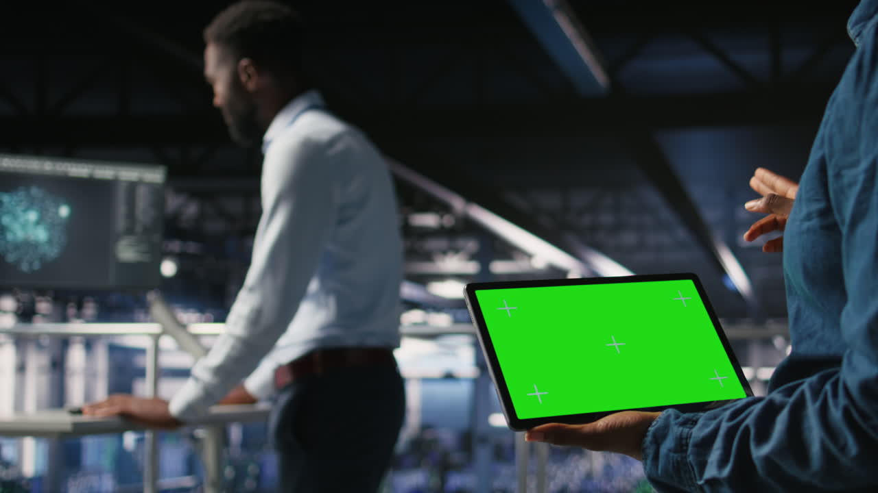 Server hub engineers finetuning configurations using chroma key device, close up