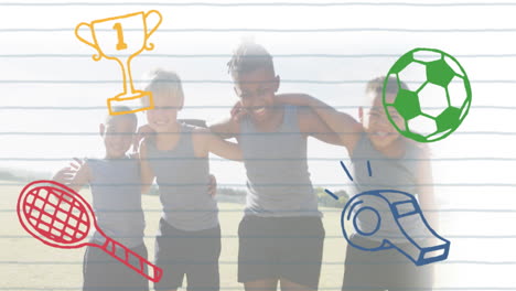 animación de coloridos iconos deportivos sobre felices escolares diversos que se abrazan en el campo deportivo