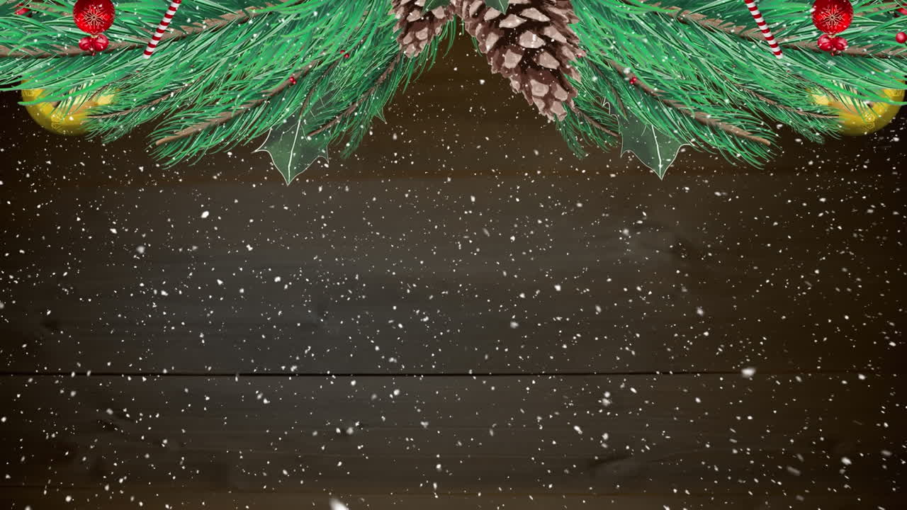 animación de ramas de abeto y decoraciones navideñas sobre la nieve que cae