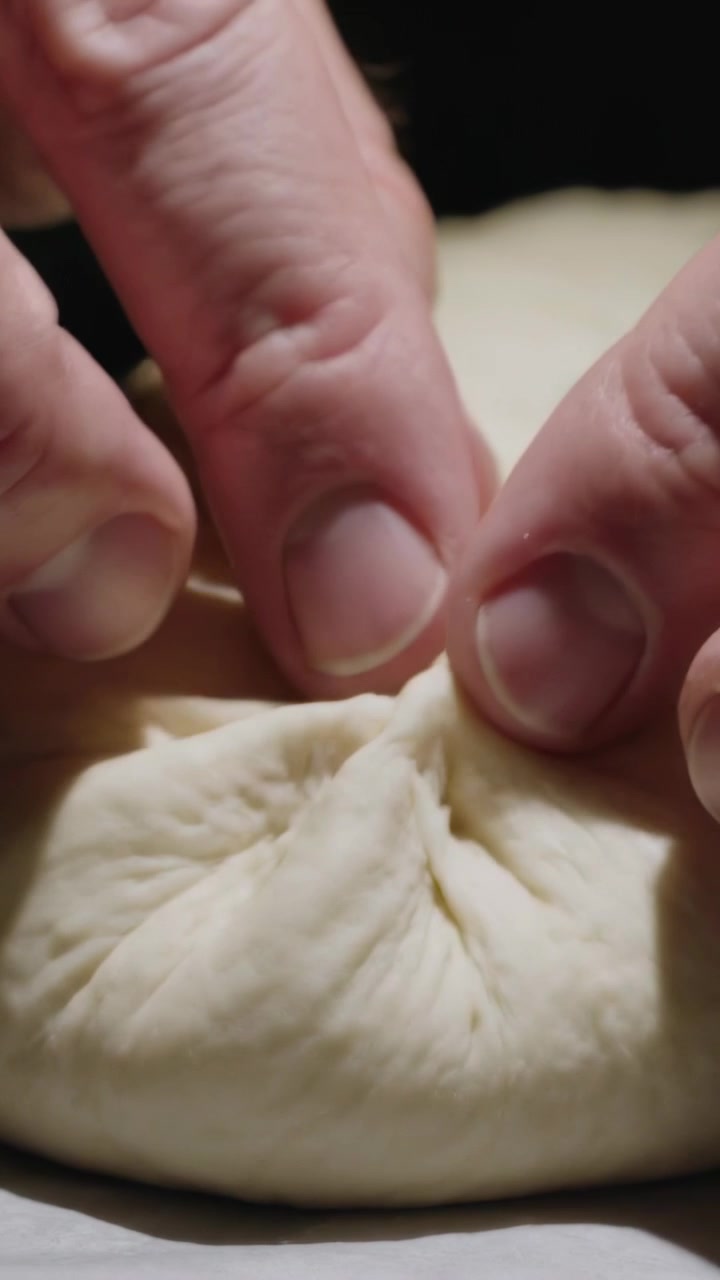 Video verticale: Mani di fornaio che si avvicinano, pizzicando e piegando una palla di impasto sul bancone, sigillando la parte superiore a stella.