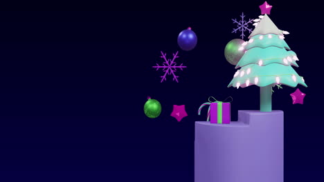 animation of spinning christmas tree and decorations on black background