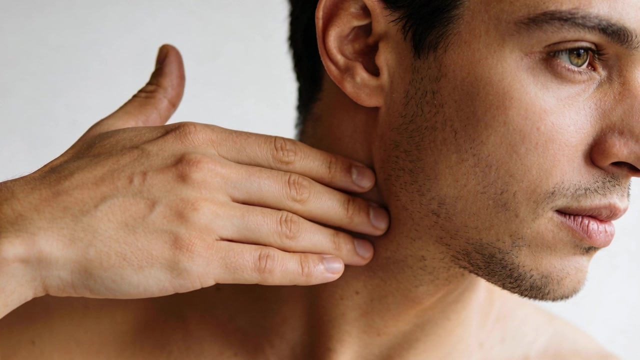 Una mano entra nell'inquadratura, un uomo a spalle nude fa scorrere la mano destra lungo la mascella e il collo, controllando la pelle.