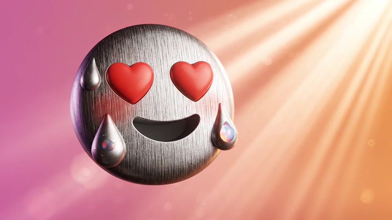 En skinnende metallisk emoji med hjerteøjne og sveddråber udstråler glæde mod en blød gradientbaggrund, der symboliserer kærlighed og glæde i en levende atmosfære.