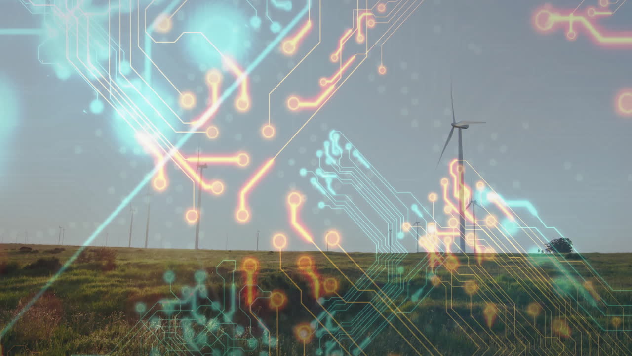 Wind turbines generating power with digital circuit animation overlay in open field