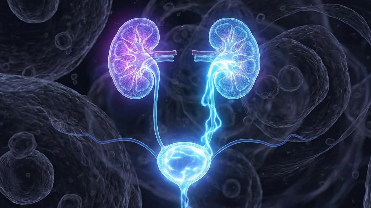 Glowing digital medical scan of human kidneys