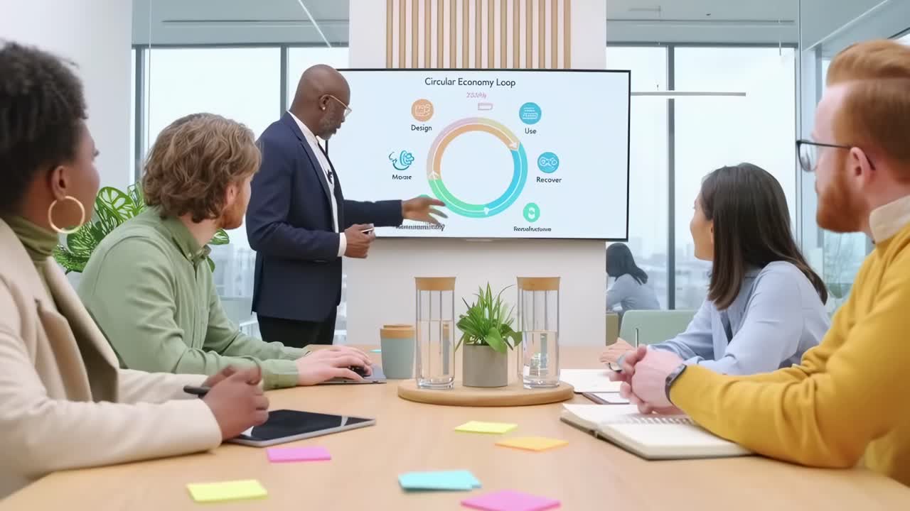Office meeting video with a side angle, showing a presentation on a wall screen
