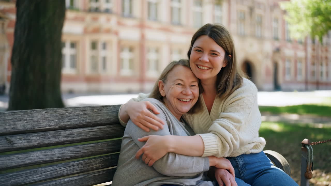 Mother and daughter embracing on a park bench