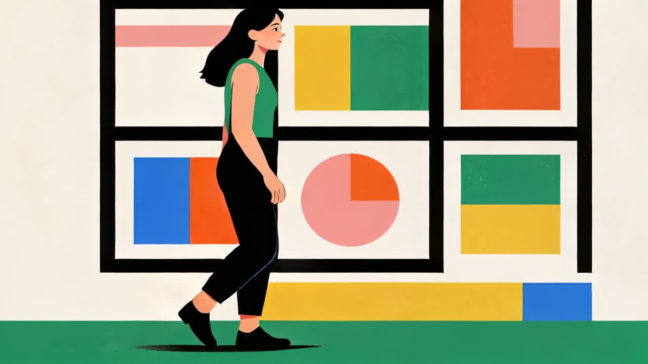 Début de plan, femme marchant vêtue d'un haut vert, d'un pantalon noir, passant devant des panneaux encadrés dans un couloir de galerie