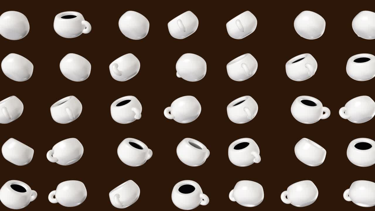 회전 커피 또는 차 컵과 함께 3d 추상적인 모션 배경, 만화 현실적인 스타일 루프 애니메이션 패턴, 음식 및 음료 프로젝트를위한 현대 미니멀리즘 구성 예술