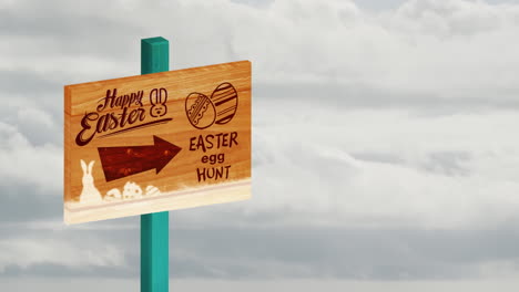 animación de palabras feliz pascua y caza de huevos de pascua sobre el cielo en el fondo