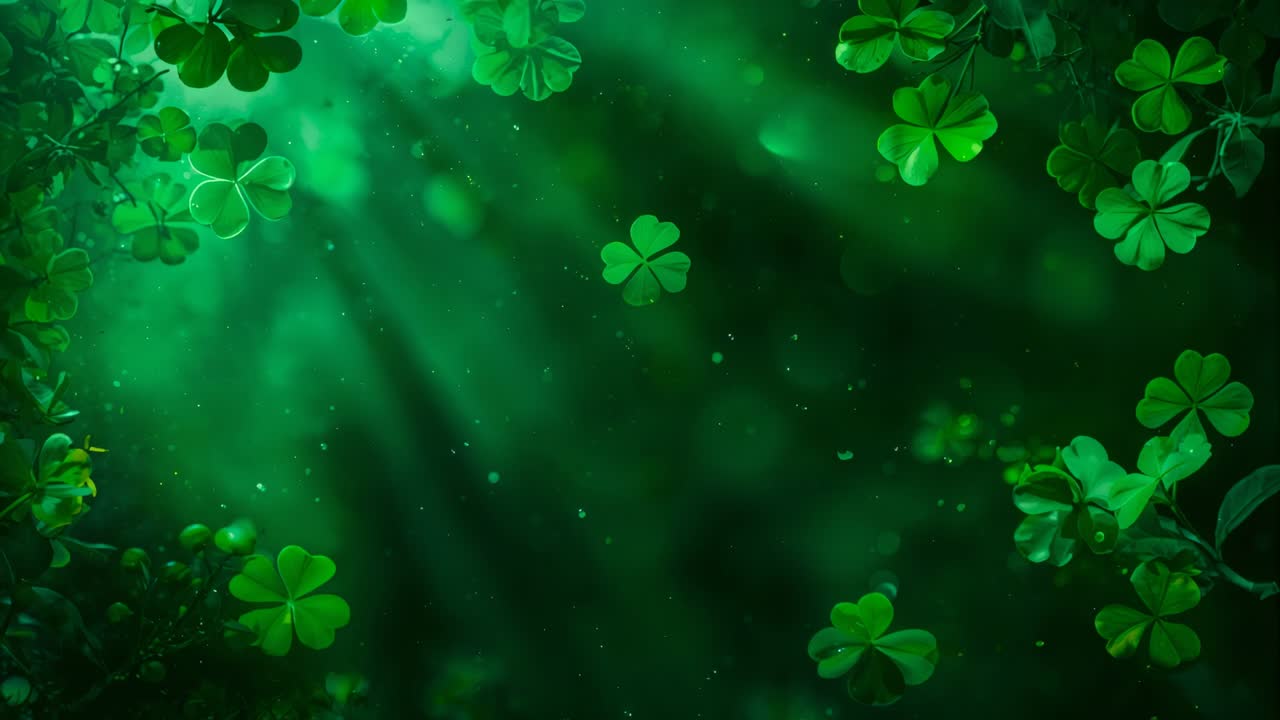 Drifting central clover group rotating and shifting in shaded green clearing with sunbeams and dust
