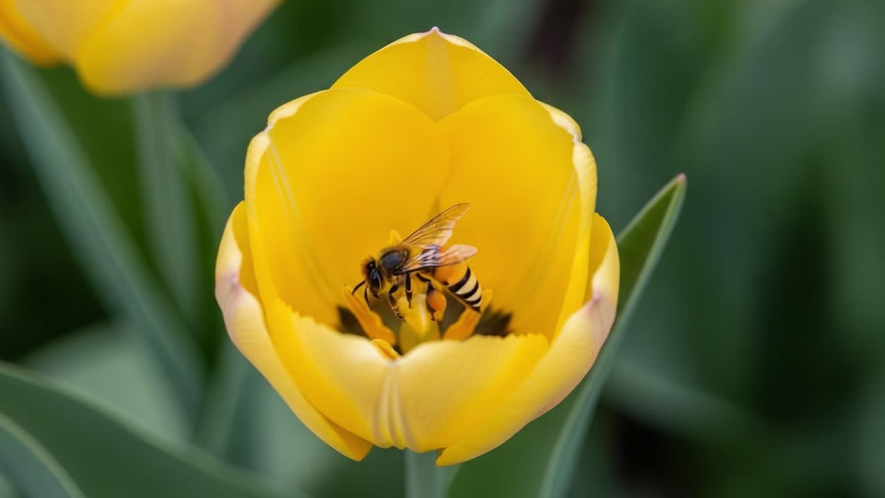 A Close-Up of a Bee Gathering Pollen from a Vibrant Yellow Tulip Flower, Capturing the Beauty of Nature and Pollination in Full Bloom