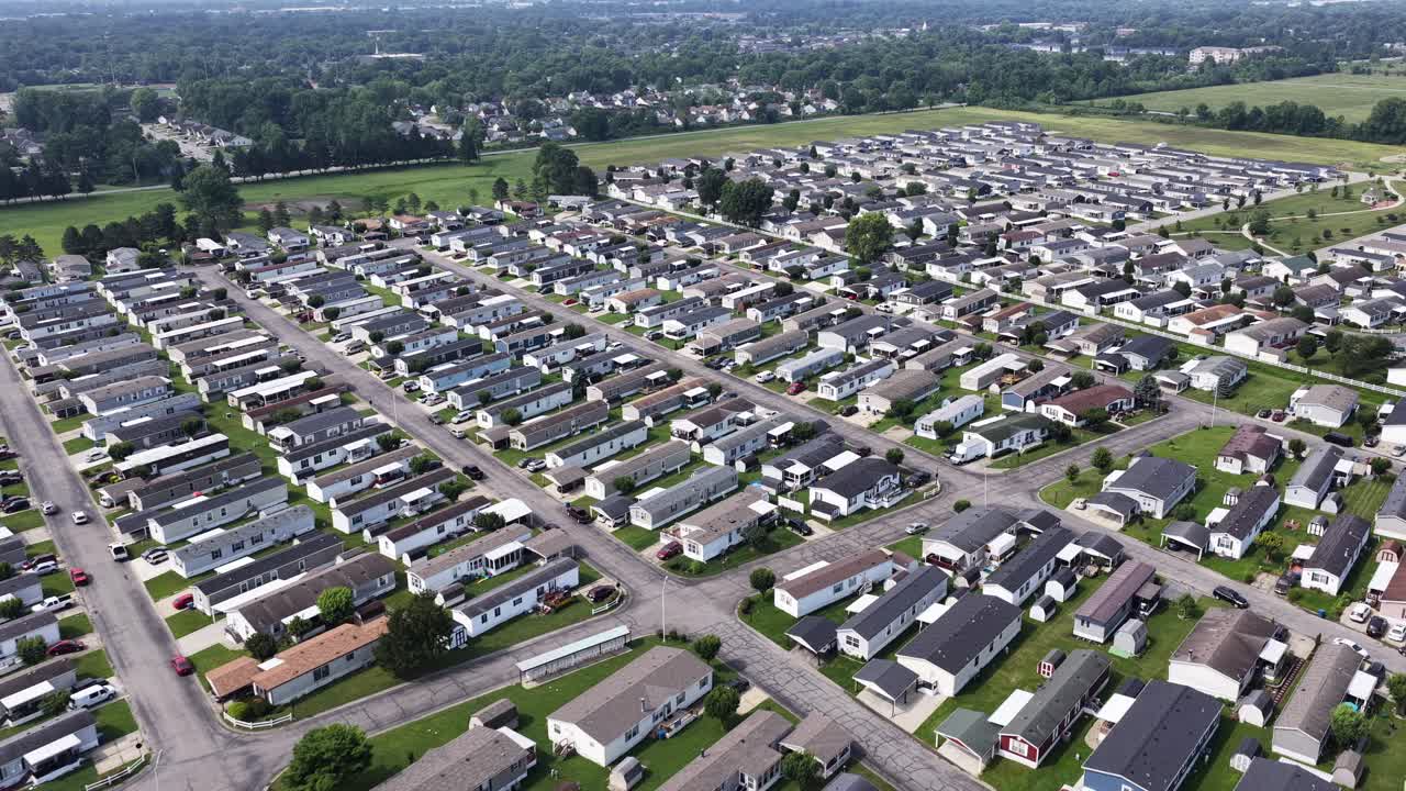 Overhead drone video of a nice neat trailer park community in Indiana