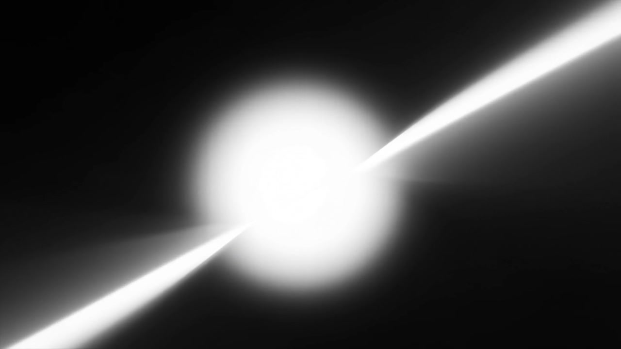 Un globo luminoso brillante che reagisce mentre raggi si avvicinano, si toccano e lo attraversano su sfondo nero, con un alone crescente.