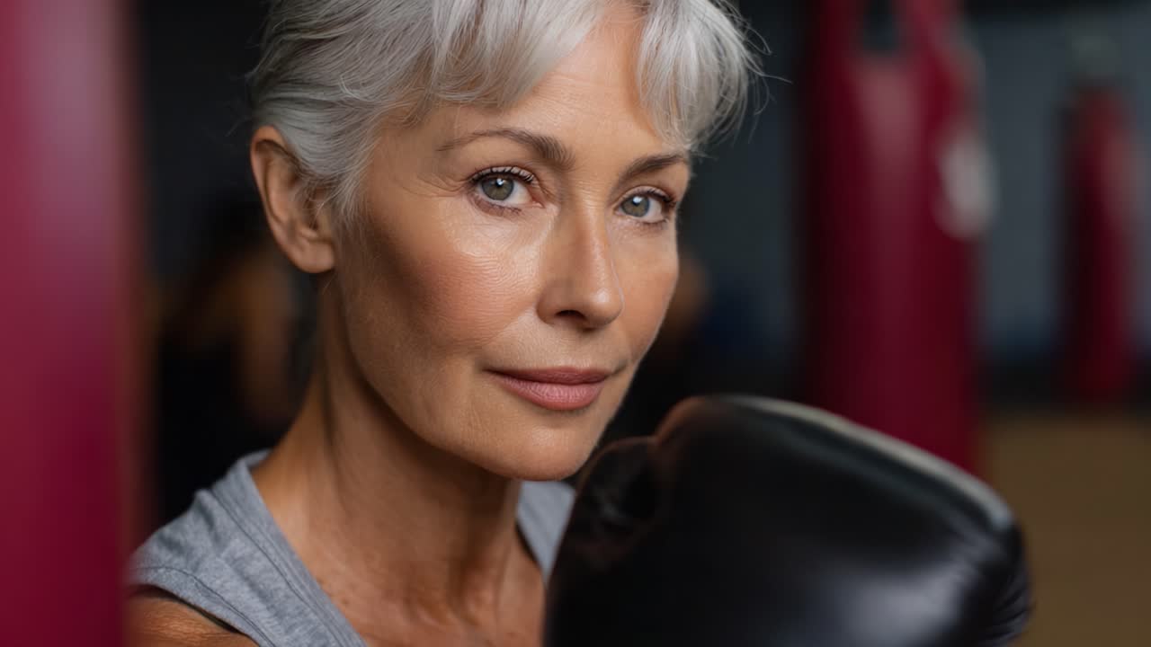 Donna matura sicura di sé in tenuta da pugile, concentrata, che mostra forza e determinazione durante una sessione di allenamento in un ambiente da studio fitness