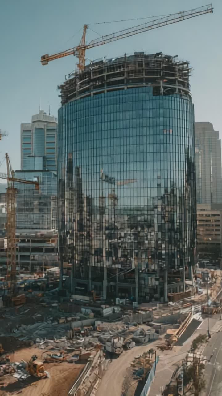 Progreso de la construcción de un moderno edificio de gran altura con un reflejo escénico durante el día, donde se muestran grúas e infraestructura circundante