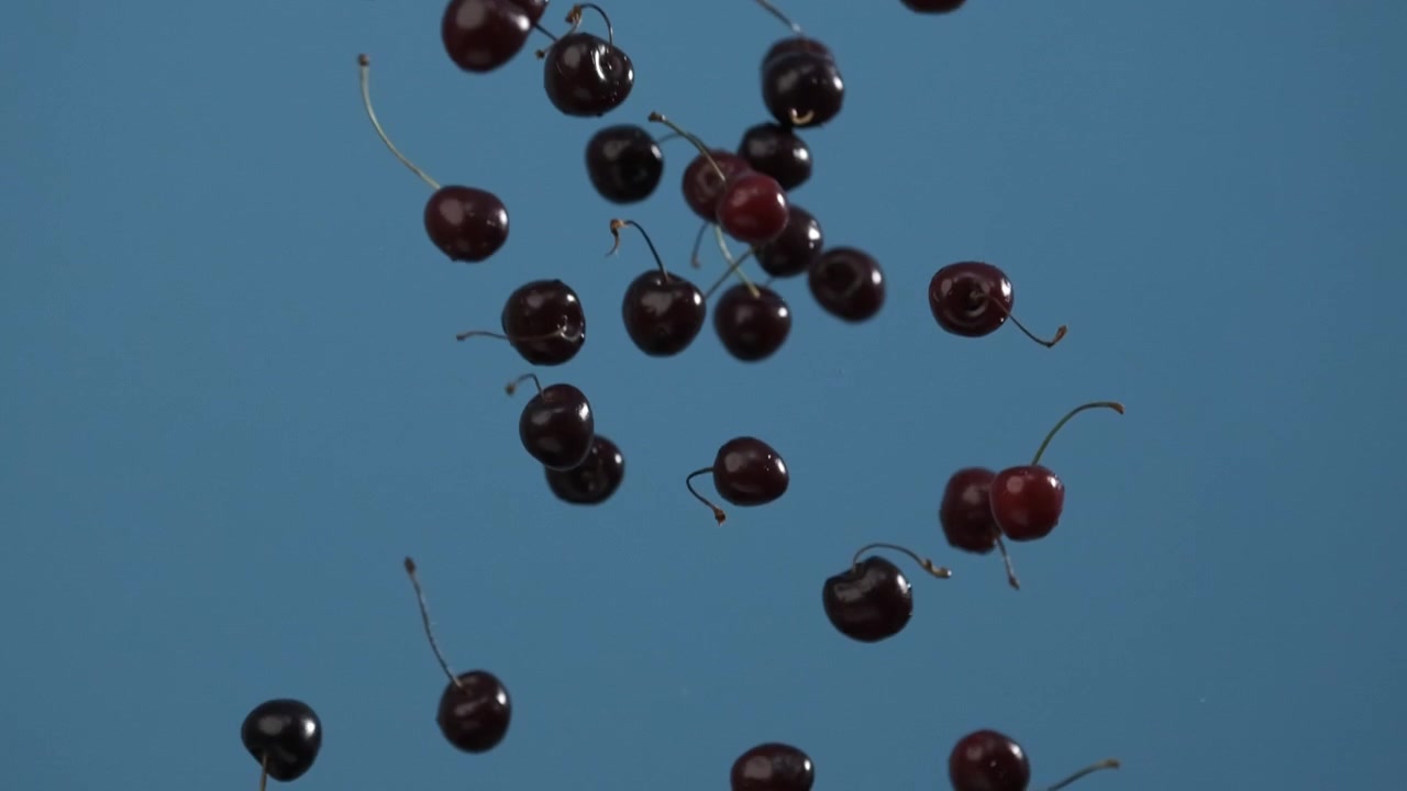 Ciliegie che cadono su uno sfondo blu.