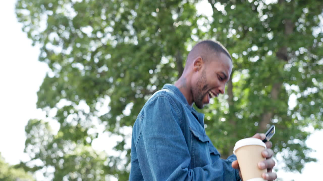 Winning, surprise and black man with phone