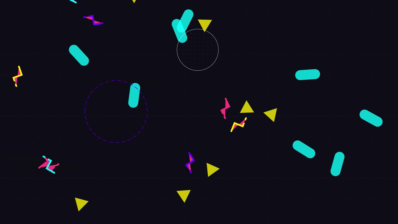Grafica in movimento astratta con forme geometriche fluttuanti su sfondo scuro
