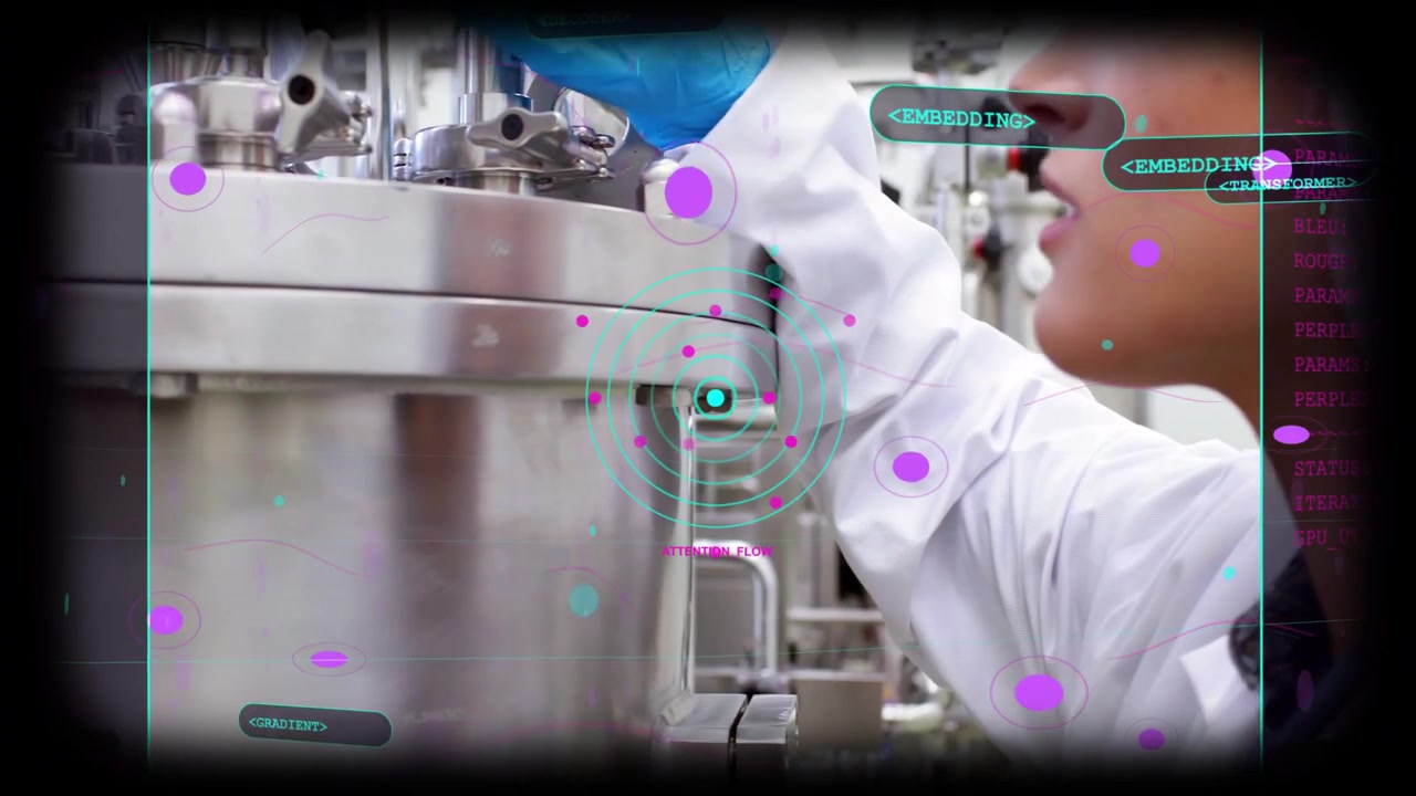 Female tech entering inspecting bio tank while teal AR rings guiding lid, adjusting valve to sample