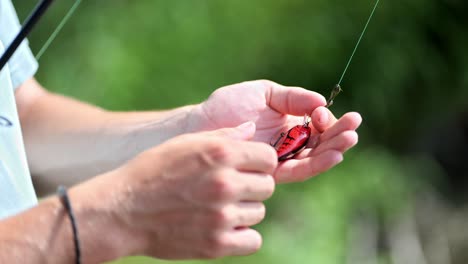 Bobber-float-with-hook-is-prepared-by-an-angler-and-attached-to-fishing-rod
