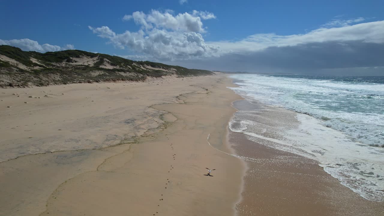 Skummende havbølger og sandstrand ved Mungo Beach i New South Wales, Australien - droneoptagelse