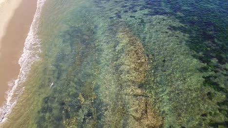 4K-Aerial-Shot-of-Crystal-Clear-Water-of-the-Pacific-Ocean-in-Malibu,-California-on-a-Warm,-Sunny-Day