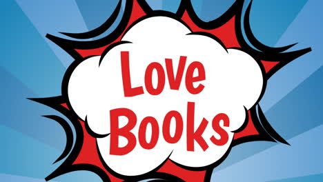 animación de libros de amor texto sobre fondo azul