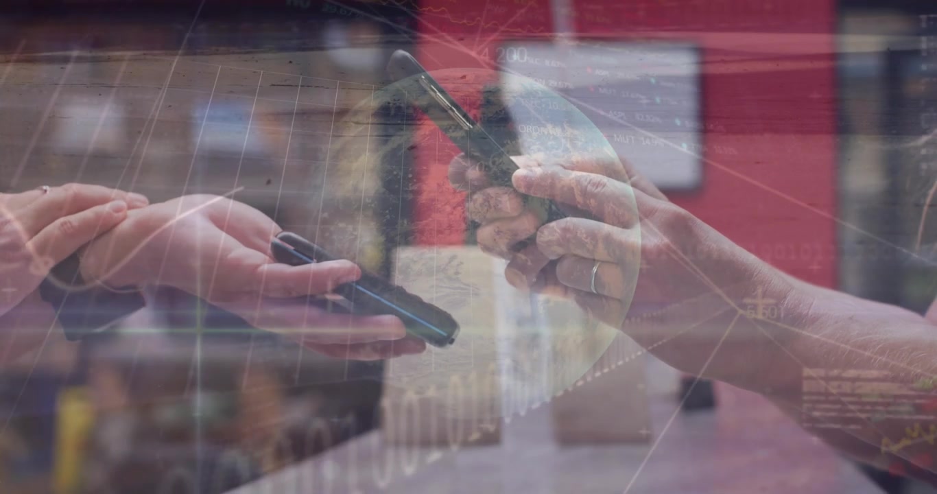 Animation of financial data processing over people using smartphone and payment terminal