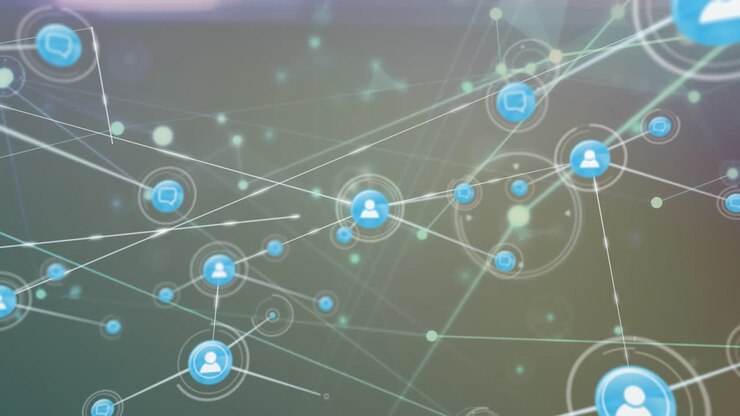 Animazione di dati e una rete di connessioni con icone su sfondo scuro