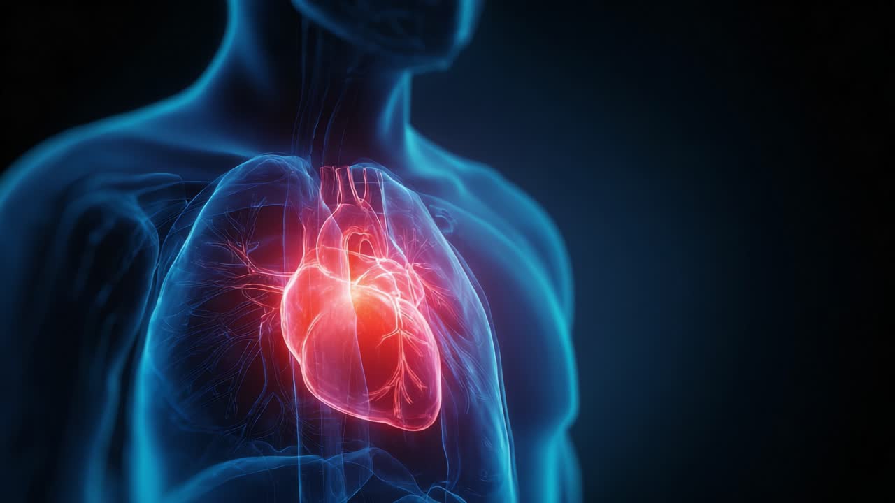 Anatomical Representation of the Human Heart: A Glowing, Detailed Visualization Highlighting the Heart's Structure within the Human Chest, Emphasizing Circulation and Vitality in the Body