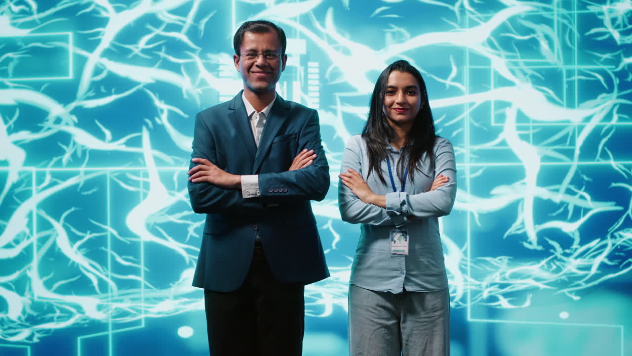 Smiling colleagues working with AI machine learning algorithms