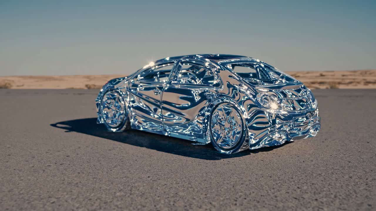 사막 풍경에서 녹는 크롬 자동차