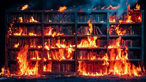 a book shelf filled with lots of books on fire