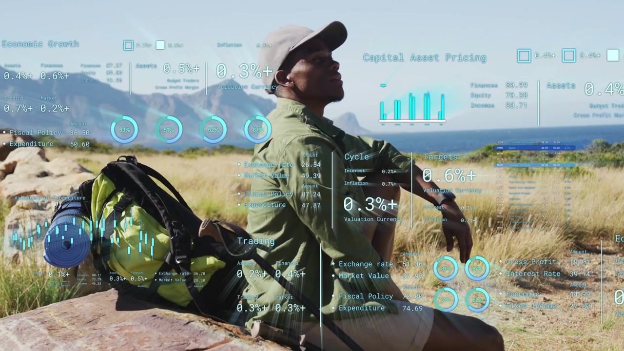 Escursionista uomo che riposa sulla costa, si sposta, scansiona mentre un feed anima grafici percentuali dell'interfaccia utente di un portfolio che gli si sovrappongono.
