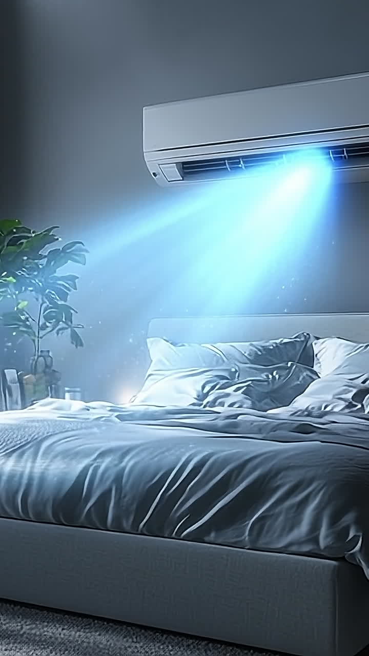 Cozy AC bedroom at night. A modern bedroom features a bed with soft bedding and an air conditioning unit cooling the space during evening hours.