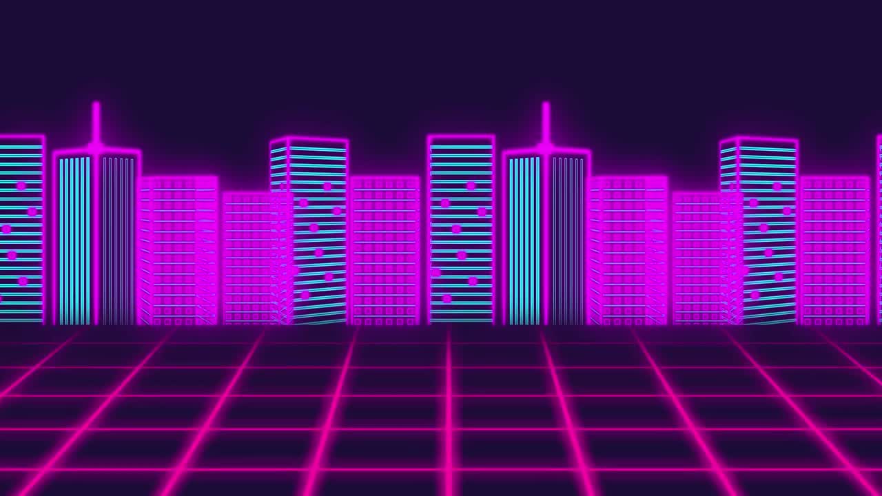 animación del paisaje urbano sobre cuadrícula sobre fondo oscuro