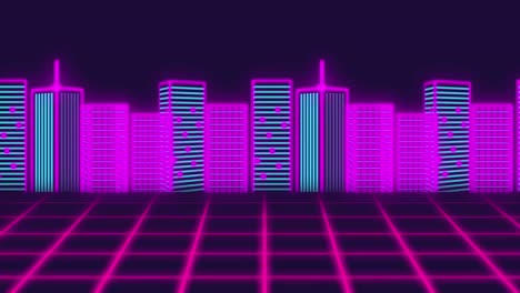 Animation-of-cityscape-over-grid-on-dark-background