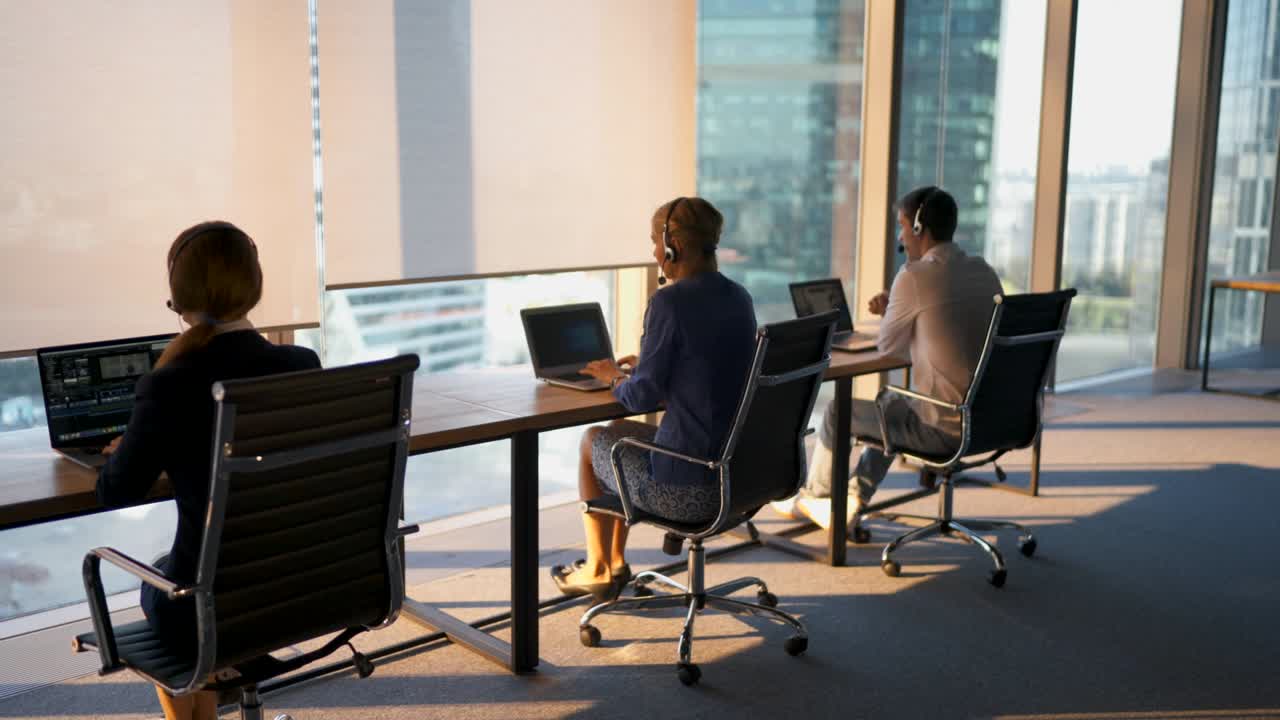 Call center working consulting clients in business center