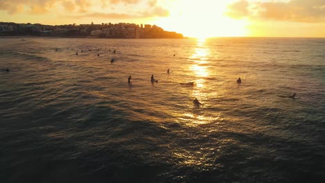 Toma-Aérea-Estática-De-Varios-Surfistas-En-La-Playa-De-Bondi-Durante-El-Amanecer.